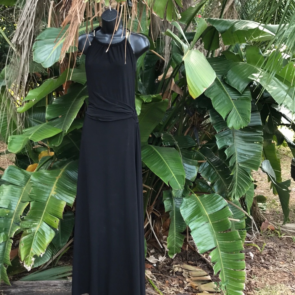 Nine W. fit and flare halter gown with gold halter
